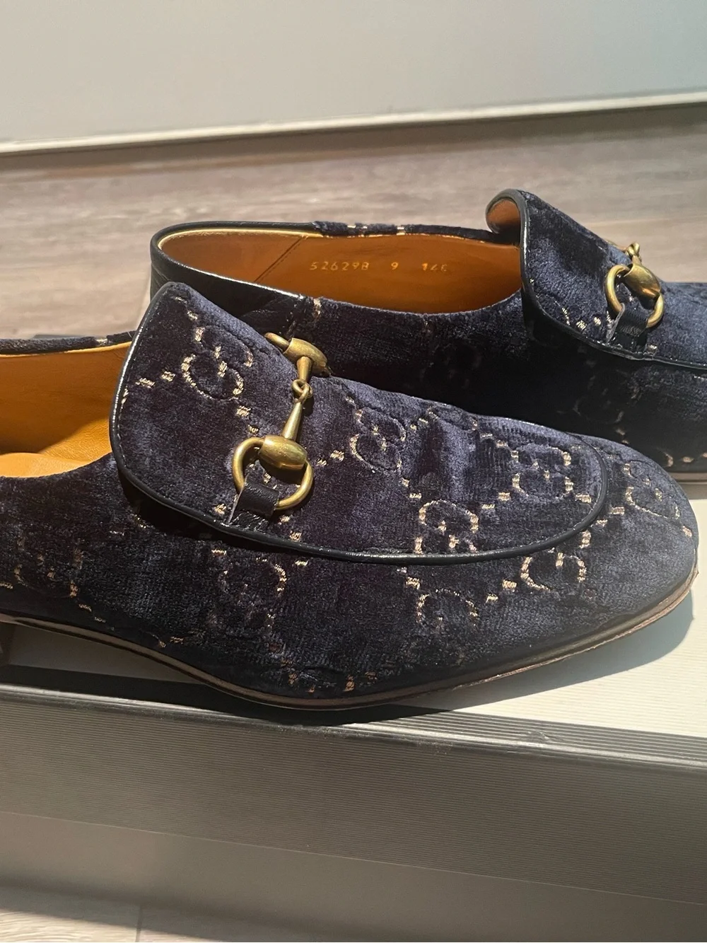 Gucci Navy Velvet Horsebit Slip-On Loafers